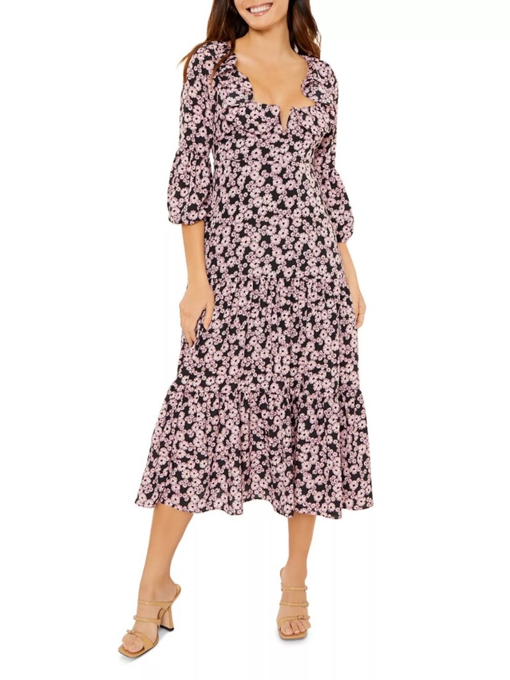 LIKELY Women's Bella Dress Daisy Floral Black Midi Ruffle Tiered 12 NWT